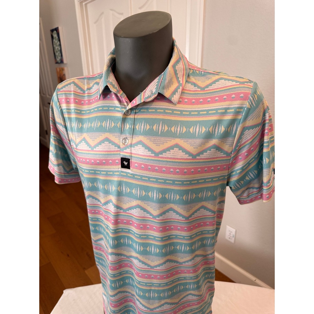 Bad Birdie Golf Polo Mens M Teal Pink Excellent Geometric Aztec Stretch Shirt